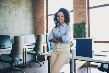 Photo of positive good mood lady specialist dressed shirt smiling arms crossed indoors workstation...