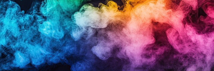 A swirling rainbow smoke effect, with colorful plumes rising against a dark background