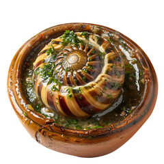 Close up of a bourgogne snail cooked with garlic butter and parsley in a ceramic dish