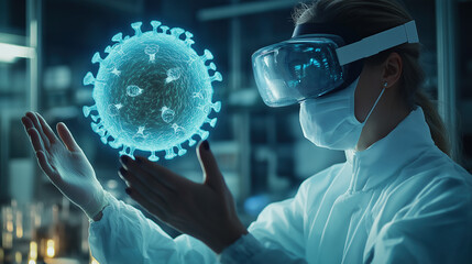 A Scientist Wearing Glasses Or VR Glasses And Holding Their Hand Out To Touch The Virtual Computerized Virus Model Floating In Front Of Them. Symbolizing Futuristic Medical Research On Virtual Reality