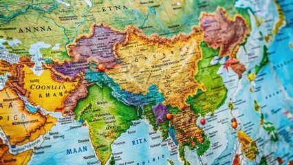 Naklejka premium Detailed Map of Asian Countries Highlighting Borders, Capitals, and Major Cities for Educational Use