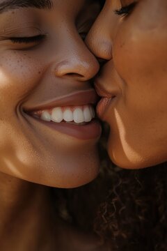 A playful lip lock between two people, captured at a golden hour