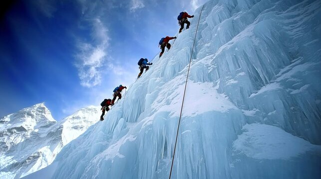 Climbers ascend an ice wall on Mount Everest, using ropes and ice axes