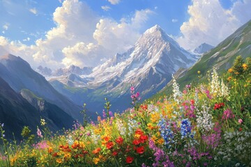 Fototapeta premium A mountain range with a beautiful field of flowers in the foreground, generative ai image