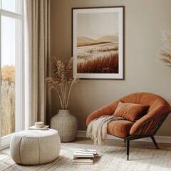 Framed poster on beige wall living room interior, Generative AI