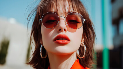 Stylish Woman Wearing Green Sunglasses and Red Lipstick Outdoors