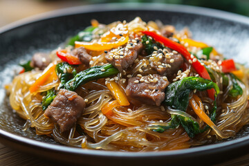 Delicious japchae featuring stir-fried glass noodles with vegetables and tender beef served in a traditional black bowl