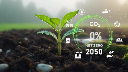 Digital dashboard of CO2 level gauge percentage drop down to 0. Net Zero Emissions by 2050 policy animation concept,Net zero emission ,2050, carbon neutral concept.CO2 reduce.Net zero