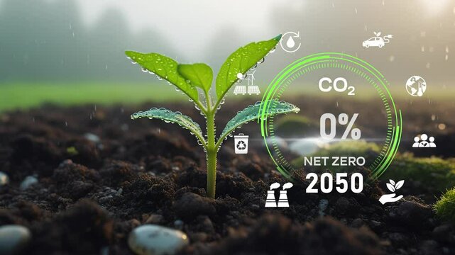 Digital dashboard of CO2 level gauge percentage drop down to 0. Net Zero Emissions by 2050 policy animation concept,Net zero emission ,2050, carbon neutral concept.CO2 reduce.Net zero