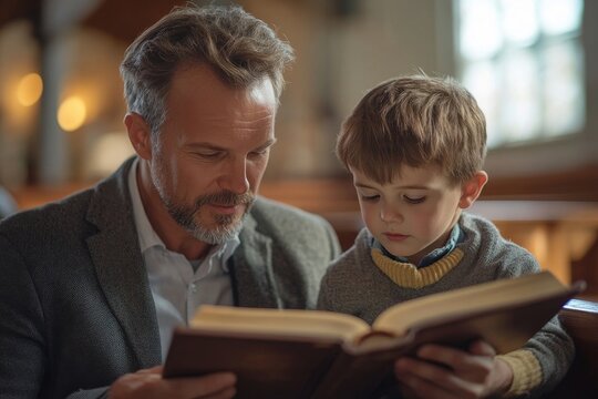 Mature pastor reading Bible and talking to boy during their meeting in church, Generative AI