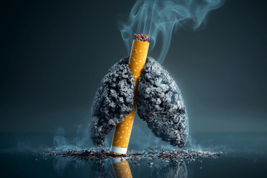 Transformative representation of smoking and lung health, showcasing the impact of cigarettes on respiratory function in a surreal artistic style
