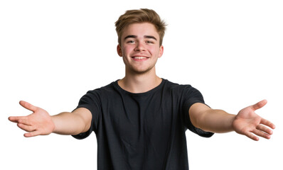 PNG Young handsome caucasian man over isolated background extending hands to the side for inviting to come portrait smile photo.