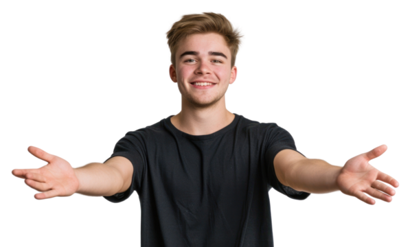 PNG Young handsome caucasian man over isolated background extending hands to the side for inviting to come portrait smile photo.