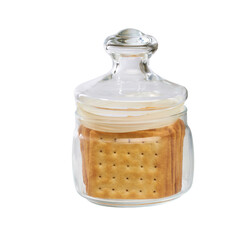 Water crackers square shape in a clear glass jar, isolated on white background. Glass jar with saltine or square soda crackers.