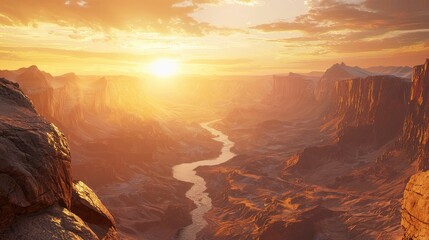 Golden Sunset Over a Majestic Canyon with a Winding River, AI Generation