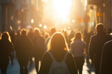 A busy city street filled with people walking during sunset.
