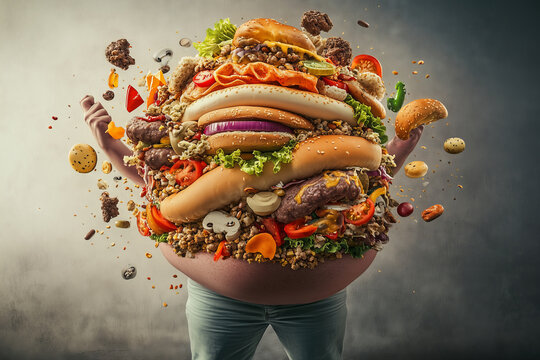 A creative visual representation of unhealthy eating habits that symbolize obesity in a dynamic, colorful explosion of junk food