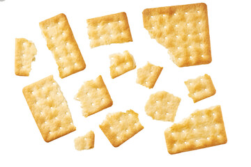 Broken square water crackers isolated on white background, top view.