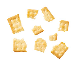 Broken square water crackers isolated on white background, top view.