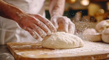 Obraz premium Close up of a baker's hands kneading fresh dough on a wooden surface.