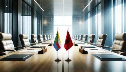 A modern conference room with Comoros and Albania flags on a long table, symbolizing a bilateral meeting or diplomatic discussions between the two nations.