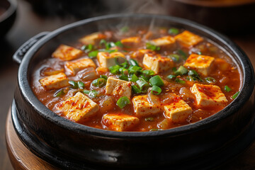 Experience the warmth of spicy sundubu-jjigae served in a traditional stone pot with fresh ingredients and fragrant steam rising