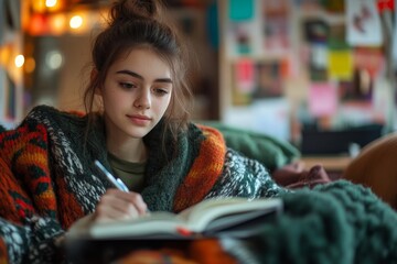 Young student writing in notebook while sitting on comfortable couch in study area on a cozy afternoon, surrounded by colorful posters creating an inviting, Generative AI