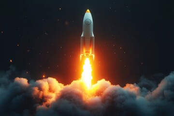 Rocket Launching Into Space With Fire Trail.