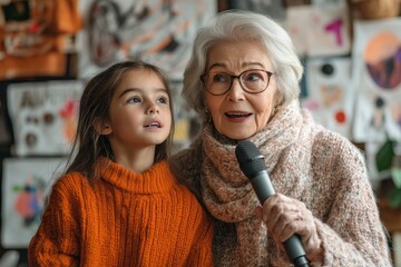 Elderly woman and young girl engaging in high-five in cozy bedroom with personal items. Laptop on desk symbolizes modern connection and interaction, Generative AI