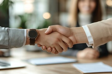 Close up of two business partners shaking hands over table in office after successful deal, copy space, Generative AI