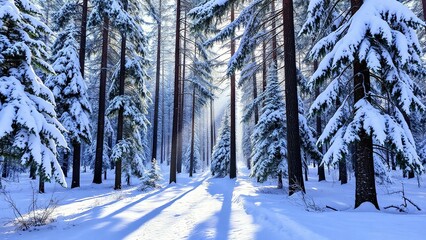Fototapeta premium forest in winter, Serene Snowy Forest, Winter Wonderland Scene