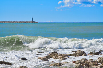 View of the sea surf on the shore of Bar, Montenegro