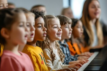 Choir of children singing songs in music class while teacher playing piano and singing together with them, Generative AI