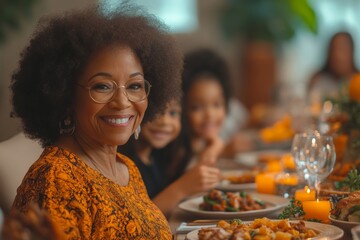 Portrait of smiling African-American grandmother serving food while celebrating Thanksgiving with big happy family at dinner table, Generative AI