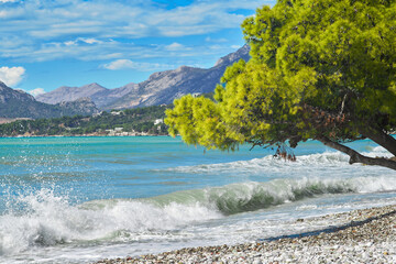 View of the sea surf on the shore of Bar, Montenegro