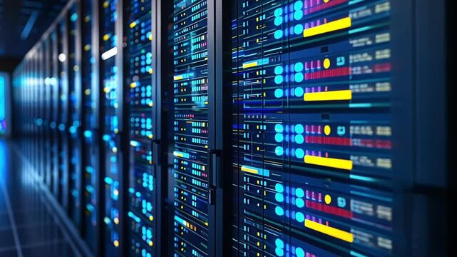 Server room in a data center with rows of working servers storing digital information and glowing with blue and yellow lights