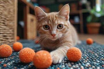 A cute ginger kitten playing with orange balls on a rug in a home.
