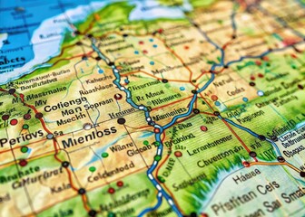 Fototapeta premium Detailed Midwest State Map with Major Cities, Highways, and Natural Features for Travel and Education