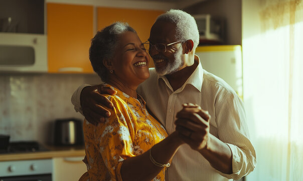 The eldery afro couple is dancing at home