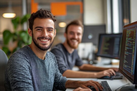Portrait of two young programmers using computers in office and smiling happily enjoying work, Generative AI