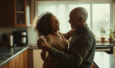 Middle aged afro couple dancing at home kitchen