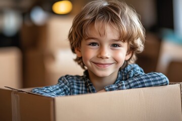 Portrait of smiling little boy moving cardboard box while family relocating to new house, copy space, Generative AI