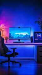 Vertical background image of gaming room with blue neon lighting and PC white screen mockup, Generative AI
