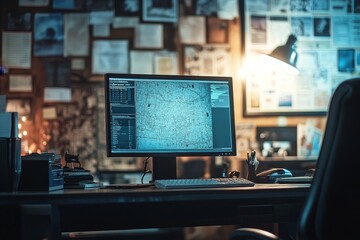 Image of detectives office with computer on desk and evidence board in background, copy space, Generative AI