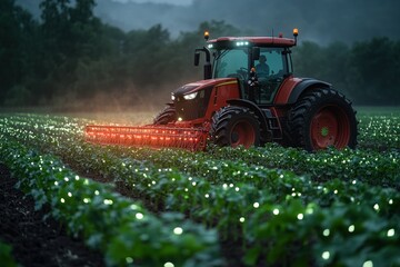 Fototapeta premium A red tractor is driving through a field of plants at dusk. The tractor has its headlights on and is leaving a trail of dust behind it.