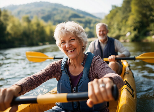 Lake, rowing and kayak with old couple, nature and retirement with happiness, relax and vacation. Outdoor, river and mature man with senior woman, freedom and trust with holiday and weekend break