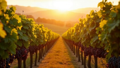 Naklejka premium A high-definition image of a vineyard during harvest season, with rows of grapevines heavy with ripe grapes, set against a backdrop of rolling hills, with a warm golden sunset lighting the scene.