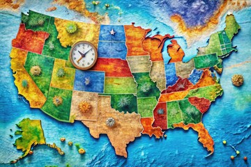Naklejka premium Detailed Timezone Map of the United States Illustrating Regional Time Zones and Boundaries Clearly