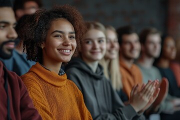 Fototapeta premium Group of young intercultural people sitting in row in front of speaker and clapping hands after successful presentation of new project, Generative AI