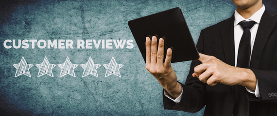Customer review satisfaction feedback survey concept. User give rating to service experience on...